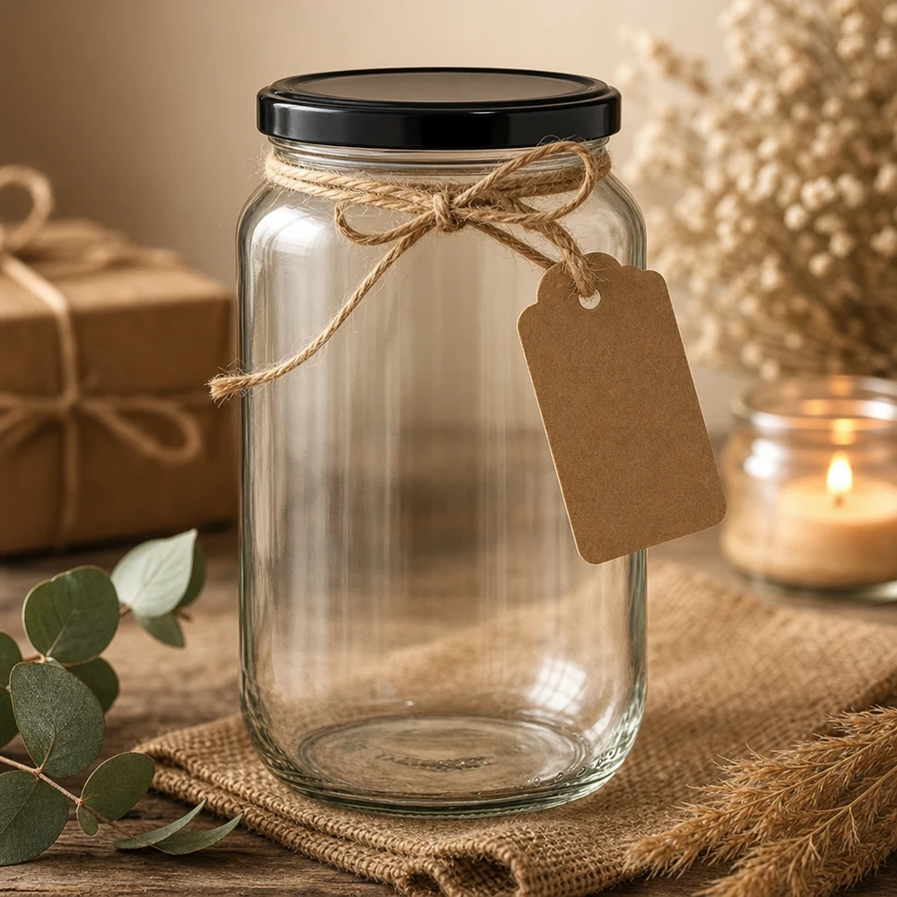 Tarro redondo de 1062 ml decorado con cordón de yute y etiqueta de papel kraft - elegante envase de regalo para tarros de conserva
