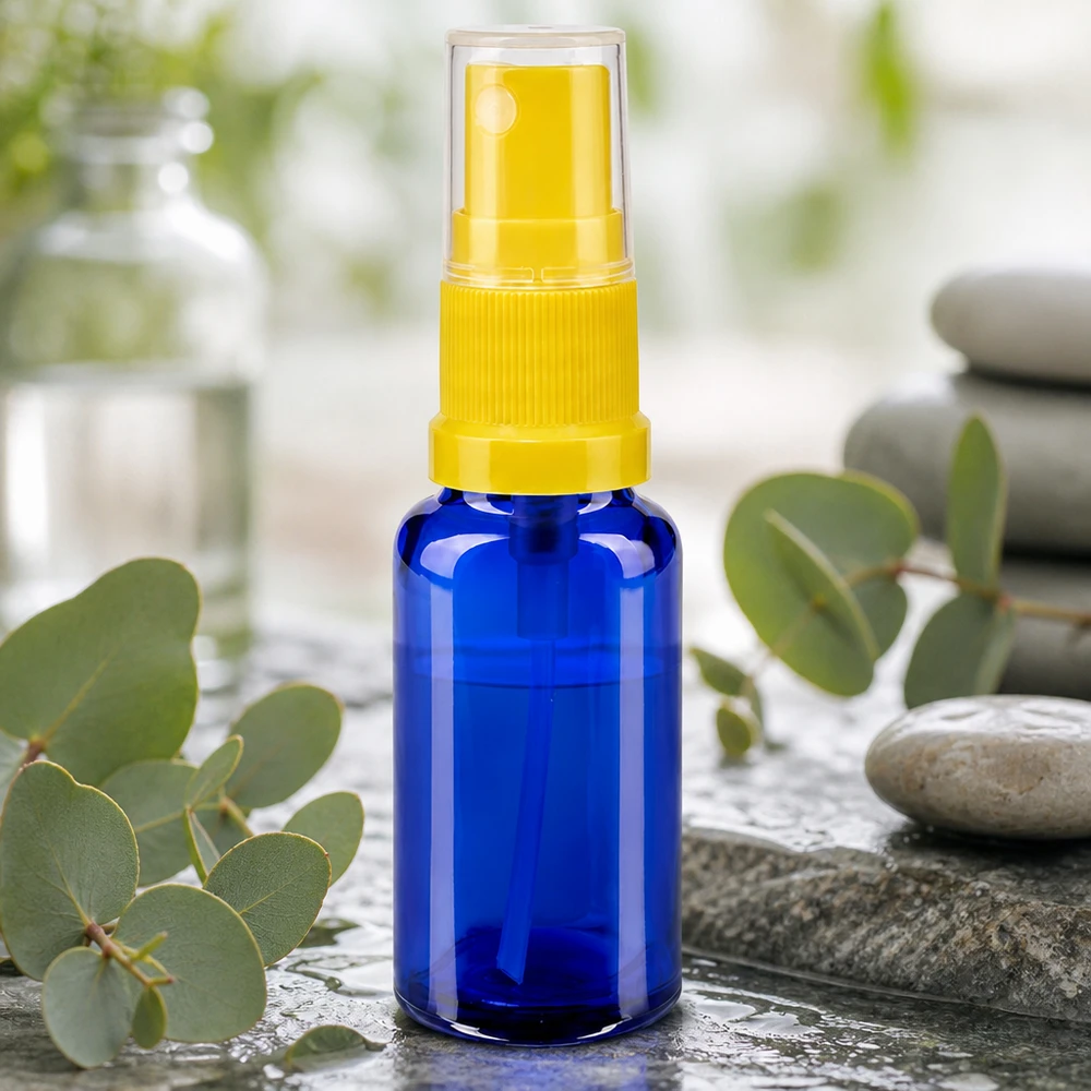 Frasco pulverizador compacto de 20 ml, de vidrio protector azul con dosificador amarillo, para farmacias