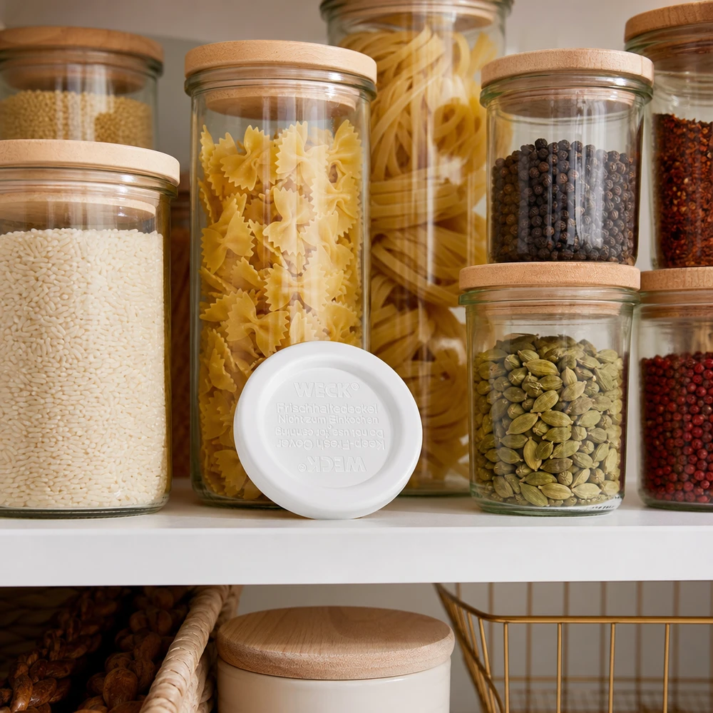 Tapa de conservación WECK RR40 para organizar el almacenamiento de pasta, arroz y especias en tarros con tapa de madera