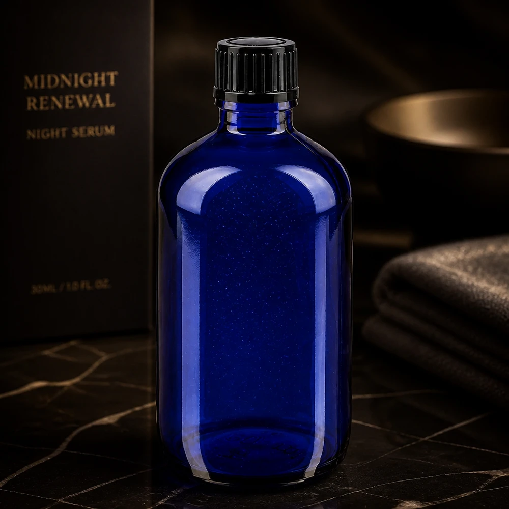 Botella de farmacia azul 100ml tapón cuentagotas 1mm negro estándar Frasco cuentagotas azul STD de 100 ml de ApoGlas con tapón de rosca negro para sérum nocturno