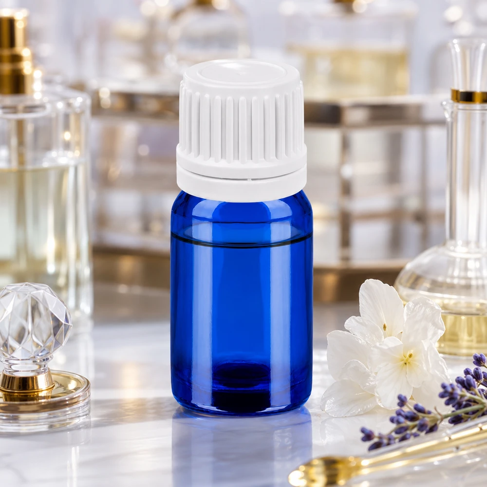 Frasco de vidrio de 5 ml de alta calidad en azul cobalto con tapón OV blanco para uso profesional