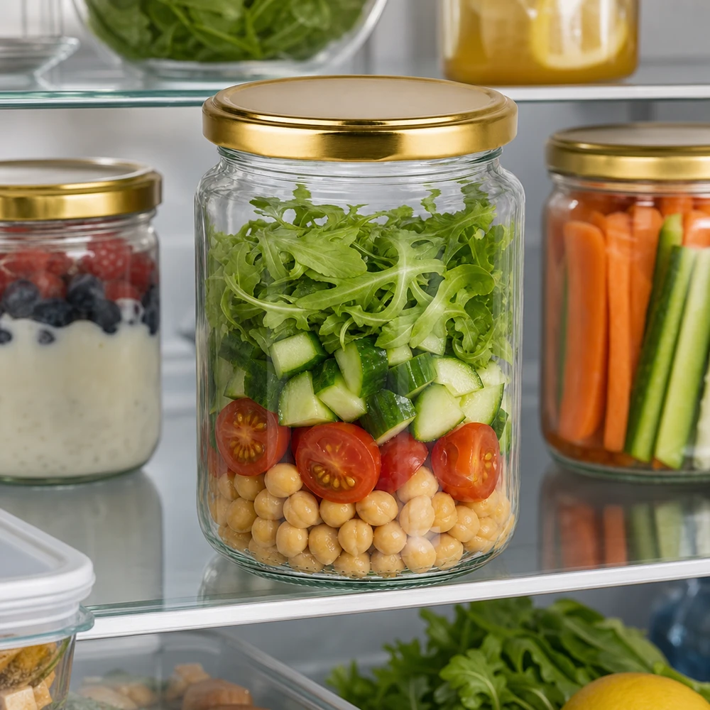 Tarro redondo de 382ml con tapa BasicSeal dorada UNiTWIST 382ml Rundglas mit goldenem Deckel für frische Salate im Kühlschrank - perfekte Meal Prep Aufbewahrung