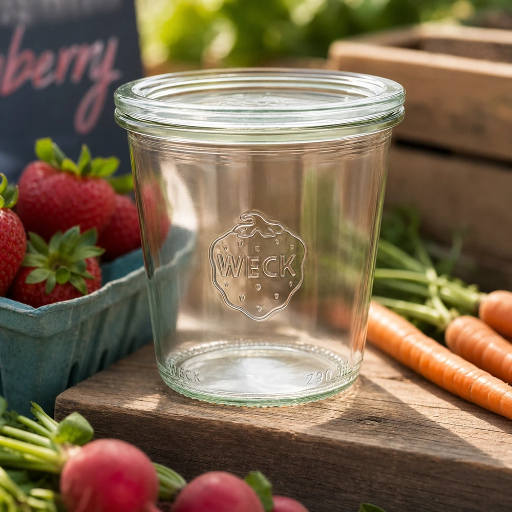 Vasos WECK 290ml RR80 vacíos sobre tabla de madera con fresas frescas zanahorias y rábanos para el almacenamiento natural de alimentos.