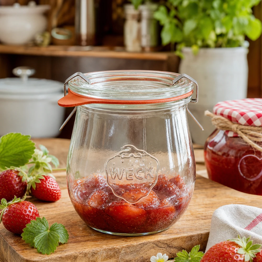 Tarro tulipán WECK 220ml lleno de mermelada de fresa sobre una tabla de madera en una acogedora cocina con fresas frescas