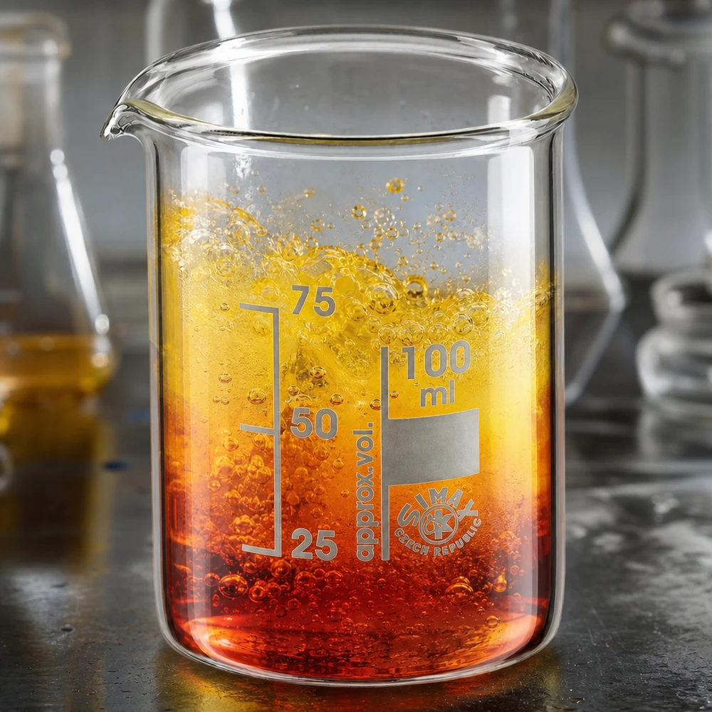 Vaso de precipitados 100ml de vidrio de borosilicato, forma baja Vaso graduado de 100 ml con mezcla química coloreada y escala volumétrica precisa
