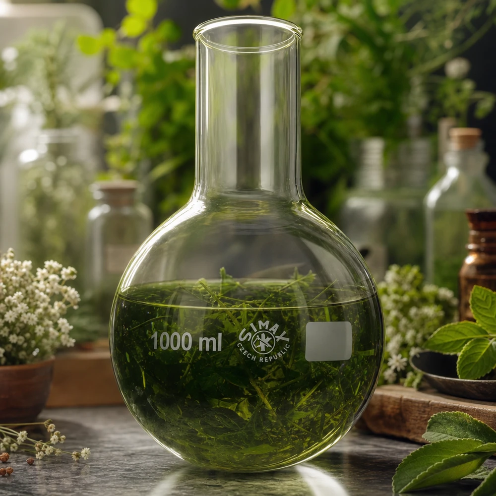 Frasco de laboratorio 1000ml con solución vegetal verde para extracción botánica y extracción de sustancias naturales
