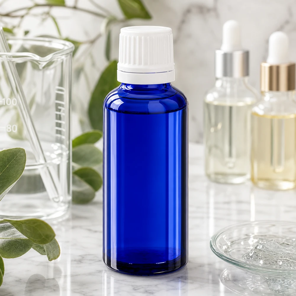 Botella de farmacia azul 30ml tapón cuentagotas 1.2mm blanco cierre inviolable Frasco cuentagotas ApoGlas azul de 30 ml con tapón de rosca blanco, en un entorno de laboratorio sobre una superficie de mármol