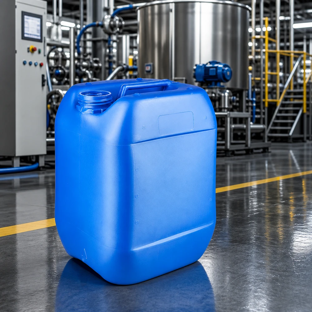 Bidón 10 litros azul sin tapón Bidón rectangular de plástico azul de 10 litros sin tapa en un entorno de producción industrial