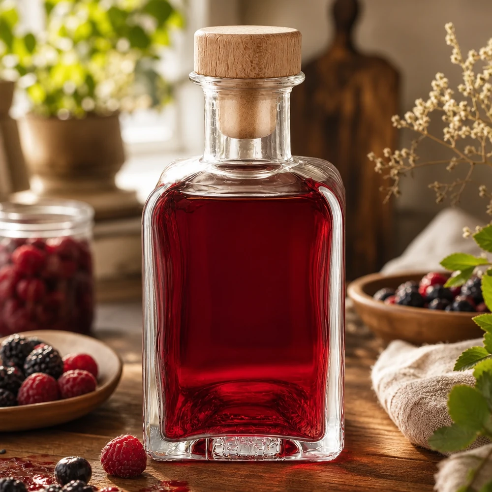Botella de farmacia de 200 ml «Clara» con tapón de corcho con asa de madera UNiTWIST® 200ml Glasflasche Clara mit rotem Beerensaft befüllt rustikale Küchendeko mit frischen Beeren natürlicher Holzkorken