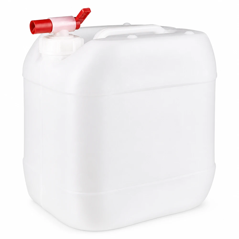 Bidón de plástico blanco de 15 litros con grifo de salida rojo para el almacenamiento seguro de líquidos