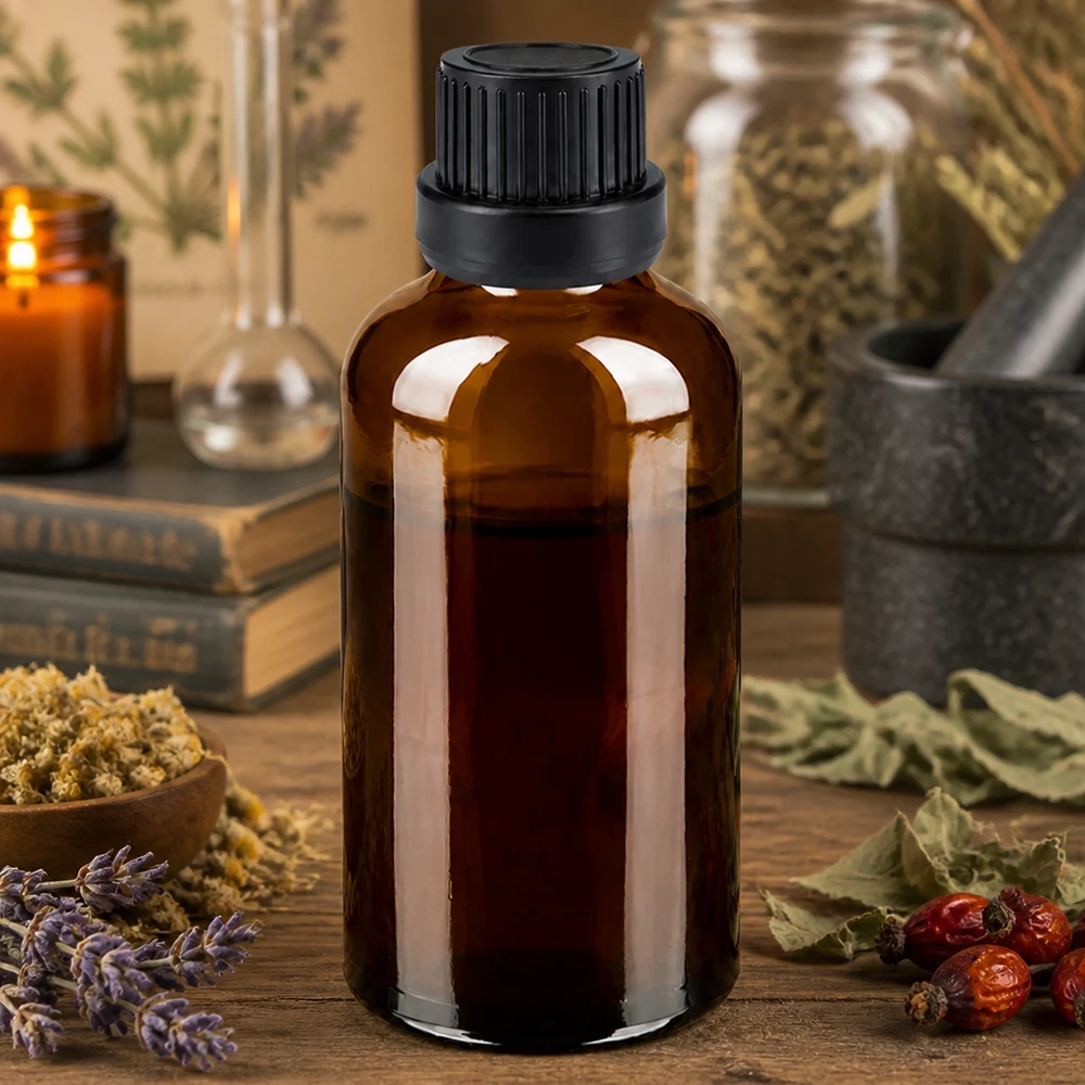 Pequeño frasco cuentagotas de 50 ml de vidrio ámbar con protección UV para sustancias sensibles