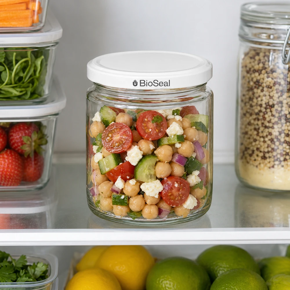 Tarro para miel de 350 g con tapa blanca BioSeal UNiTWIST Tarro de miel de 250 ml con tapa BioSeal en el frigorífico lleno de ensalada de garbanzos entre los recipientes con fruta