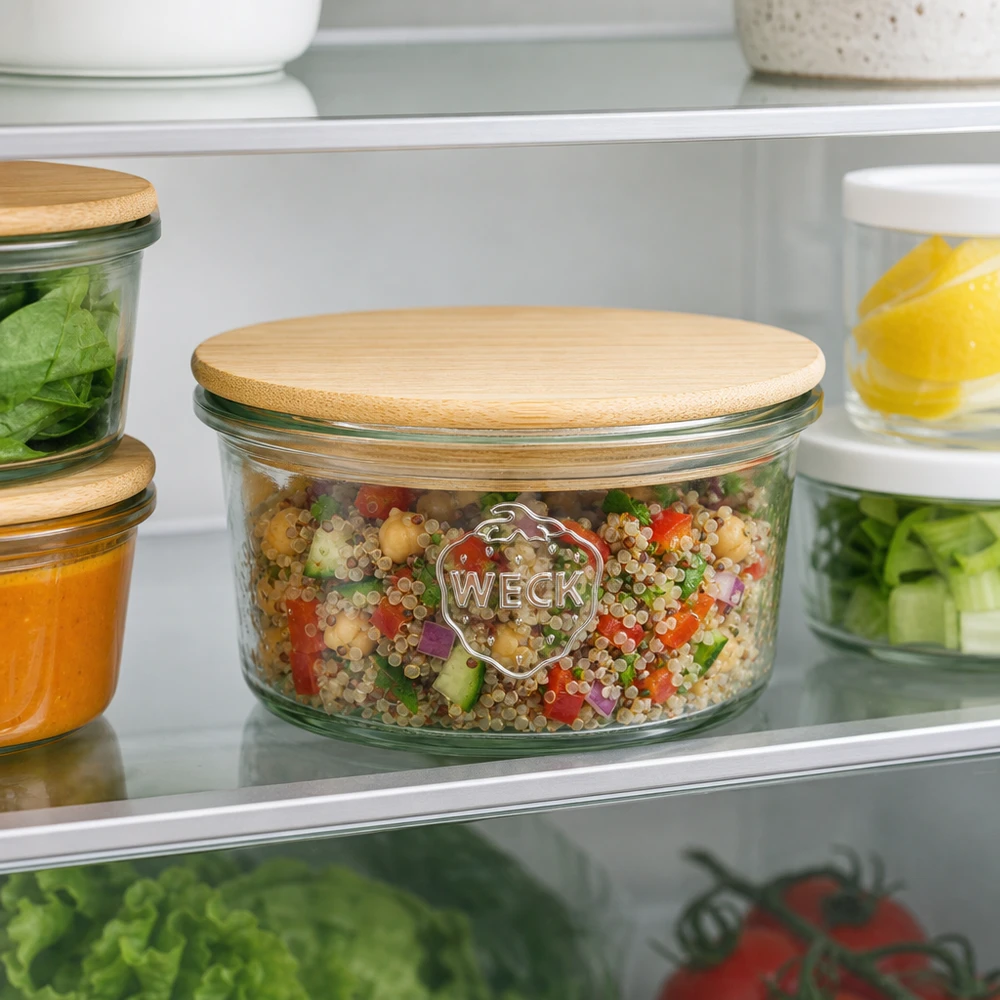 Tarro WECK RR80 165ml con tapa de bambú para organizar la comida en el frigorífico lleno de ensalada de quinoa