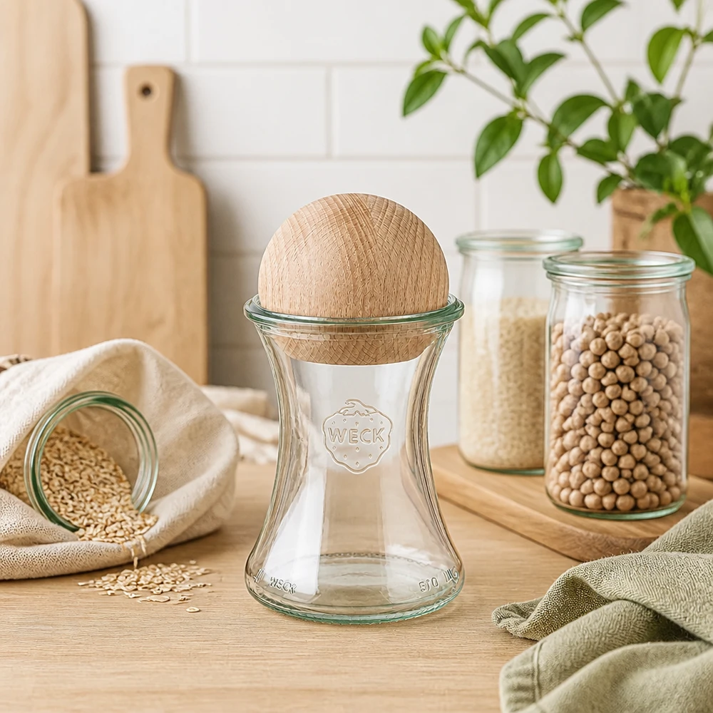 Tarro para delicatessen WECK RR80 de 370ml con bola de madera de haya WECK tarro de conservas 370ml RR80 bola de madera haya cocina legumbres cereales almacenamiento sostenible tarros de conservas