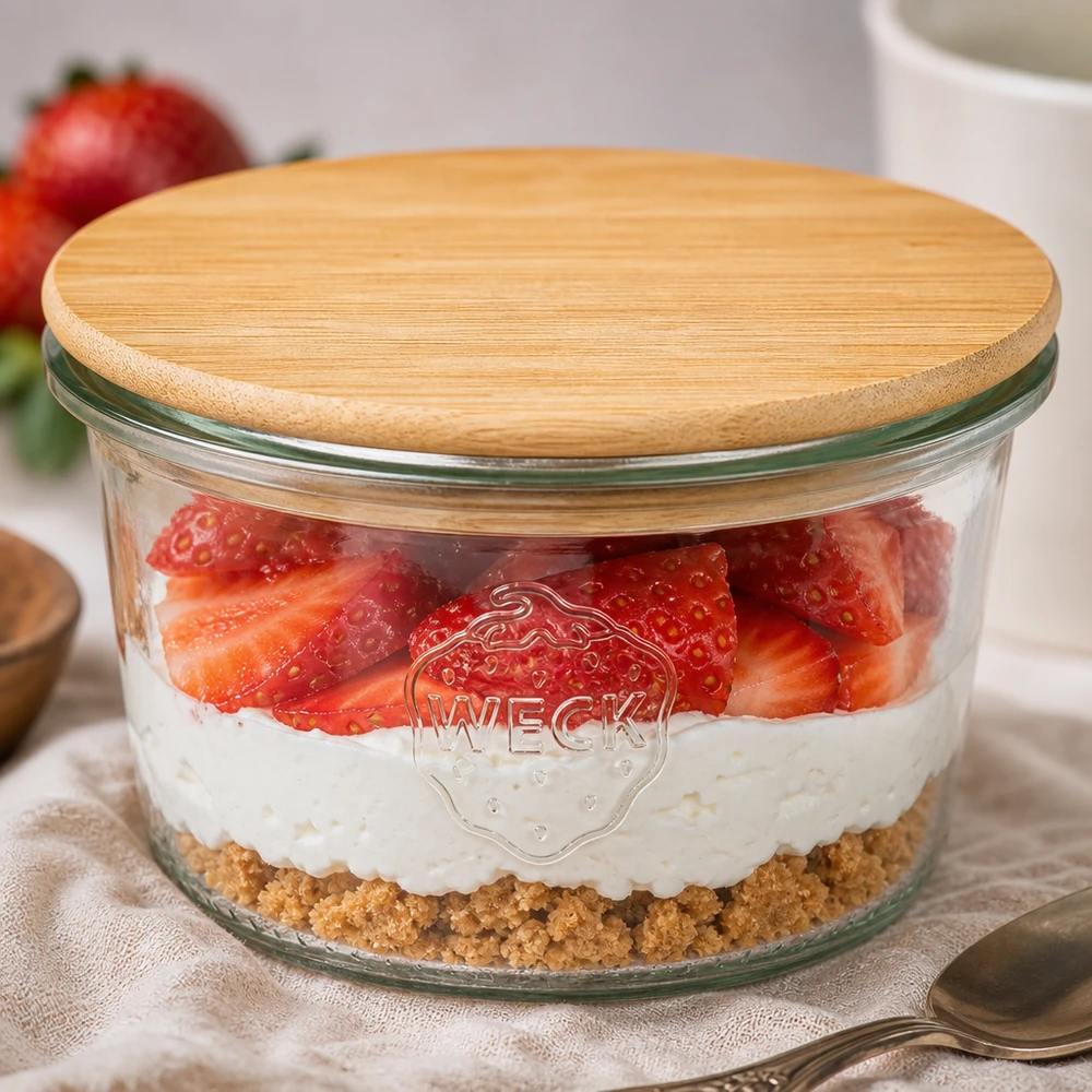 Vasos de 80ml WECK RR60 con tapa de madera WECK tarro 80ml RR60 tapa bambú postre en capas fresas yogur base galleta monodosis
