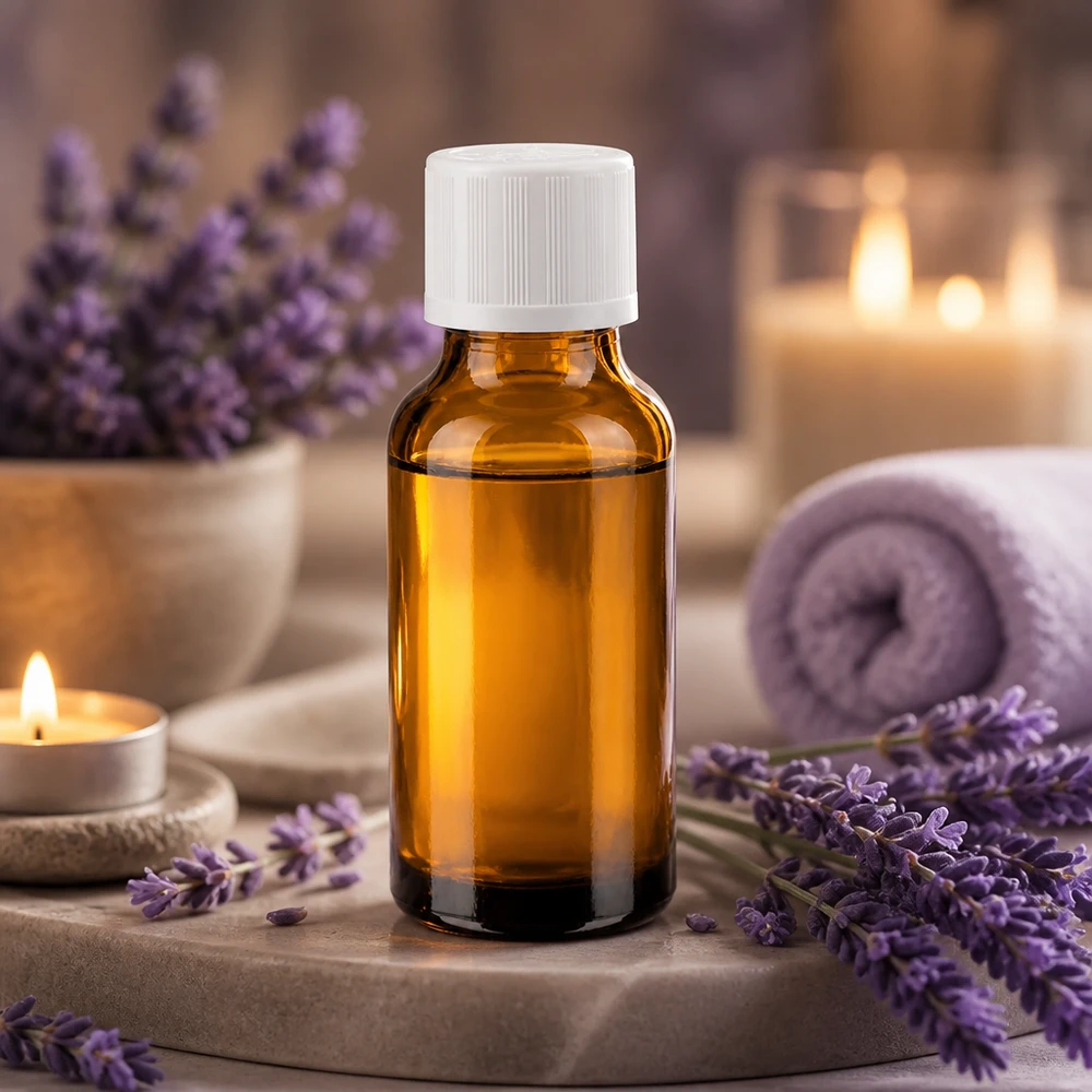 Pequeño frasco de farmacia de vidrio ámbar de 20 ml con tapón blanco de seguridad para niños, con un diseño inspirado en un spa y aroma a lavanda