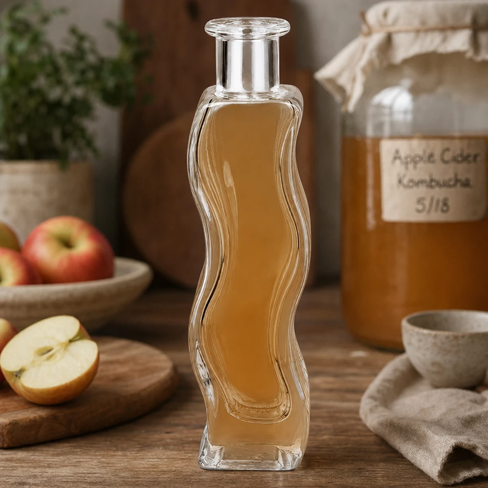 Botella de vidrio de 100 ml «Melissa» sin tapón UNiTWIST® Botella de vidrio de Melissa 100ml llena de vinagre de sidra de manzana en cocina natural con manzanas frescas y vaso de Kombucha