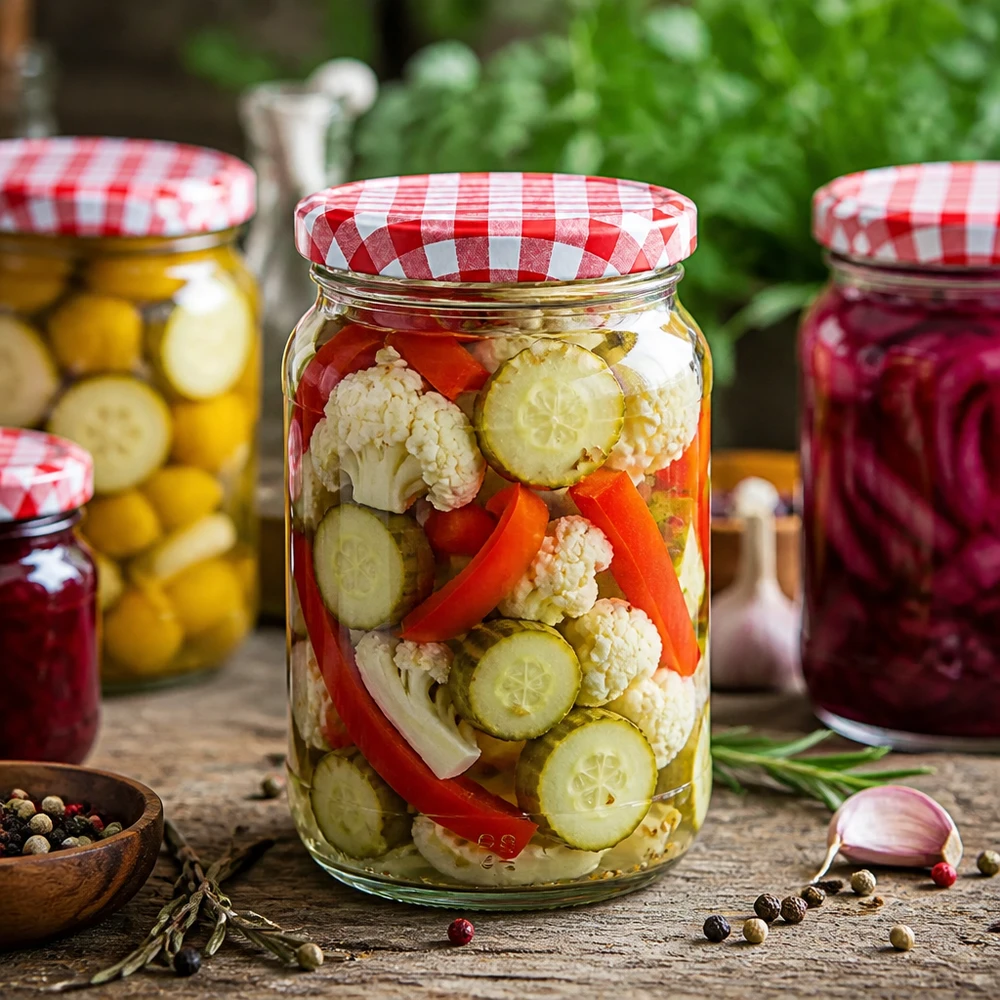 Tarro redondo 1062ml + tapa BasicSeal rojo/blanco UNiTWIST Tarro redondo 1062ml Tapa BasicSeal con verduras mixtas en escabeche Coliflor Pepino Pimentón Tarro de conserva Fermentación