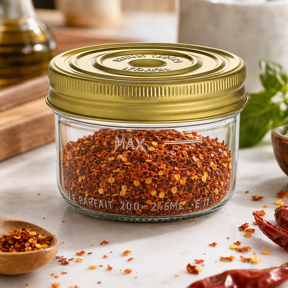 Vasos Familia Wiss de 245 ml con tapa dorada rellenos de copos de guindilla roja en la mesa de la cocina con especias