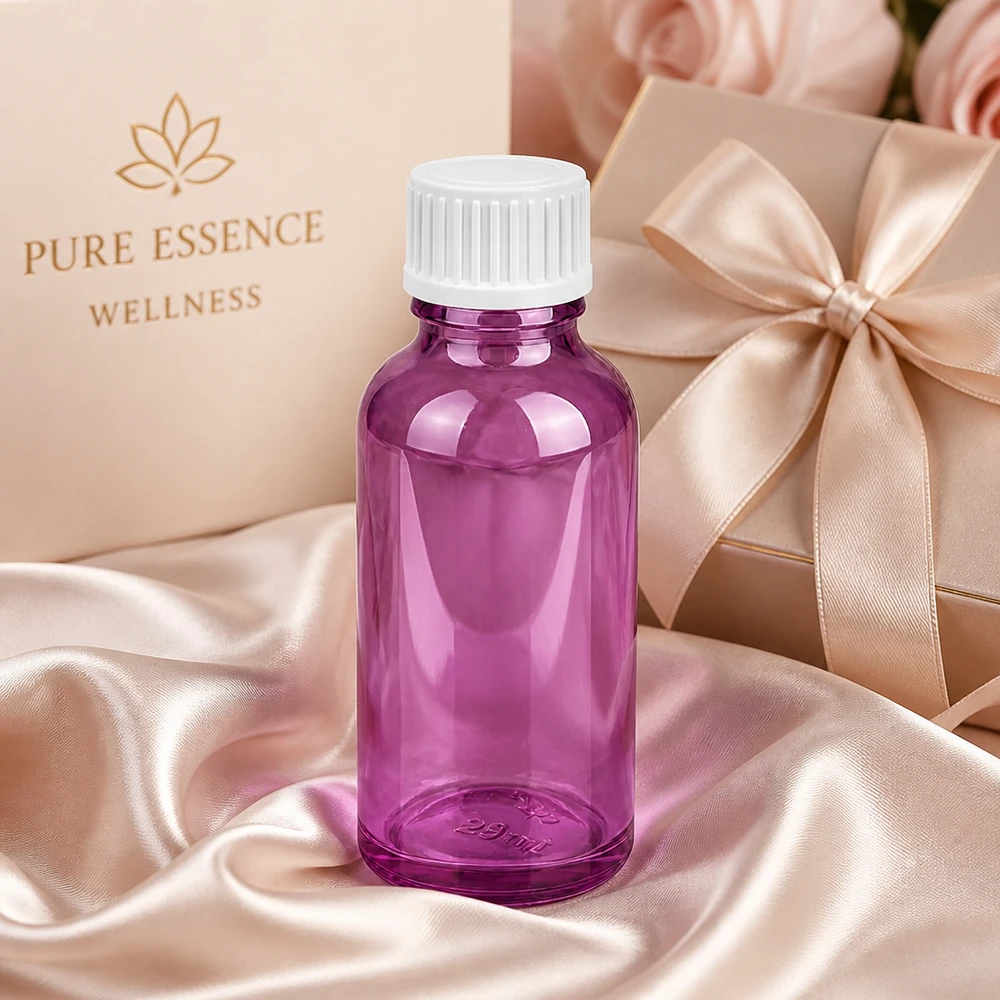Botella de vidrio premium de 30 ml con tapón de rosca estriado en elegante color púrpura
