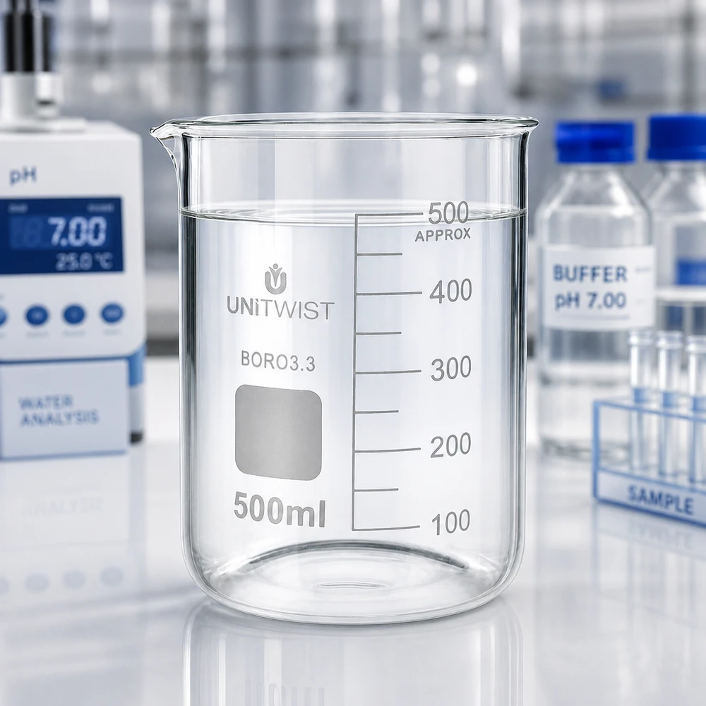 Vaso 500 ml borosilicato, molde bajo UNiTWIST Vaso de precipitados UNiTWIST de 500 ml, de perfil bajo, BORO3.3, en el laboratorio con pH-metro y solución tampón