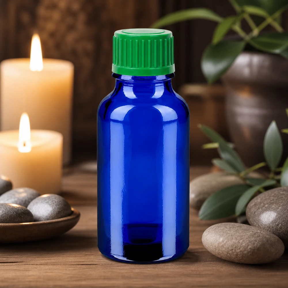 Frasco para medicamentos de 20 ml de vidrio azul de alta calidad con tapón verde antigoteo STD BlueLine