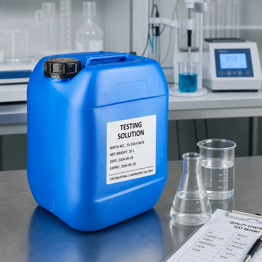 Bidón azul de 10 litros con tapón de rosca OV, utilizado en entornos de laboratorio profesionales