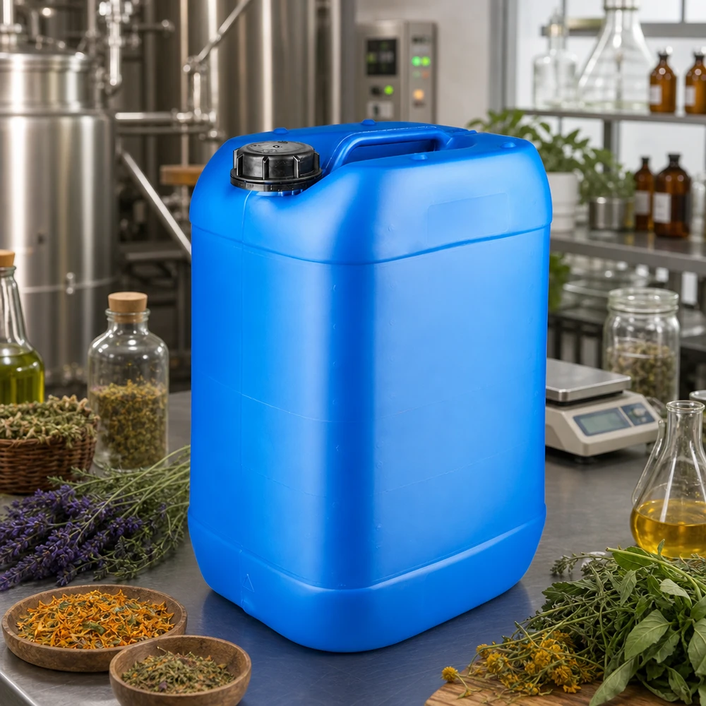 Bidón azul de HDPE de 25 litros con tapón OV para la separación de hierbas y aceites en la producción de cosméticos naturales