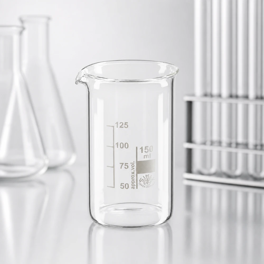 Vaso de precipitados transparente de 150 ml, de forma alta, con escala de volumen de 50 a 125 ml, fabricado en vidrio borosilicato