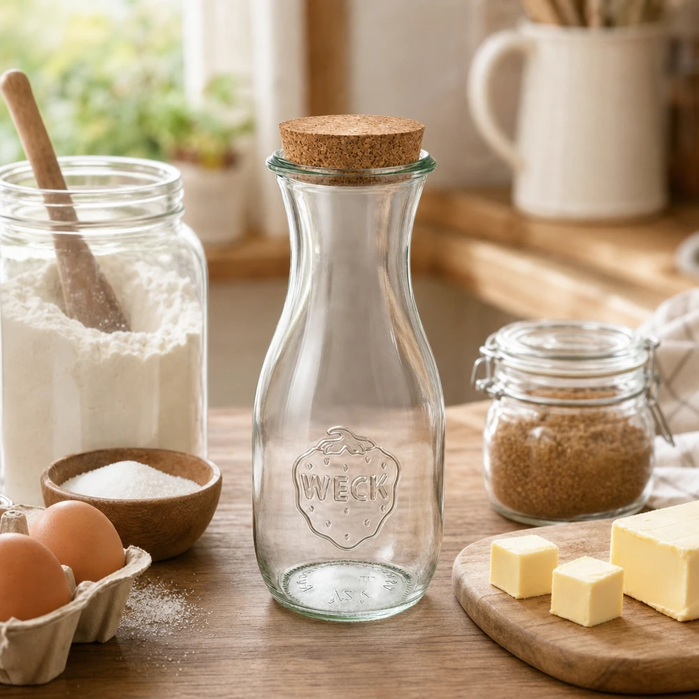 530ml botella de jugo WECK RR60 con corcho natural Botella de zumo WECK 530ml con corcho en cocina acogedora junto a ingredientes de repostería harina huevos mantequilla sobre mesa de madera