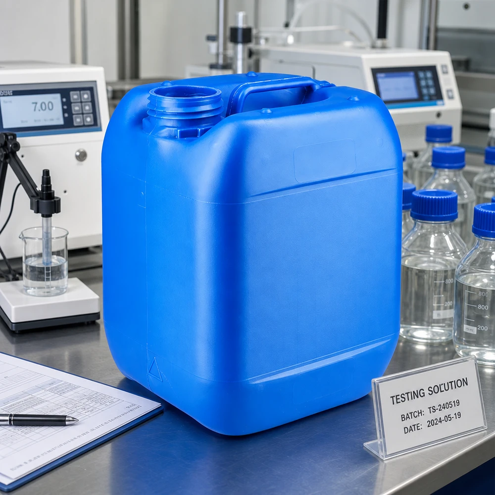 Bidón de plástico azul de 5 litros sin tapón en un laboratorio de análisis profesional con instrumentos de medición