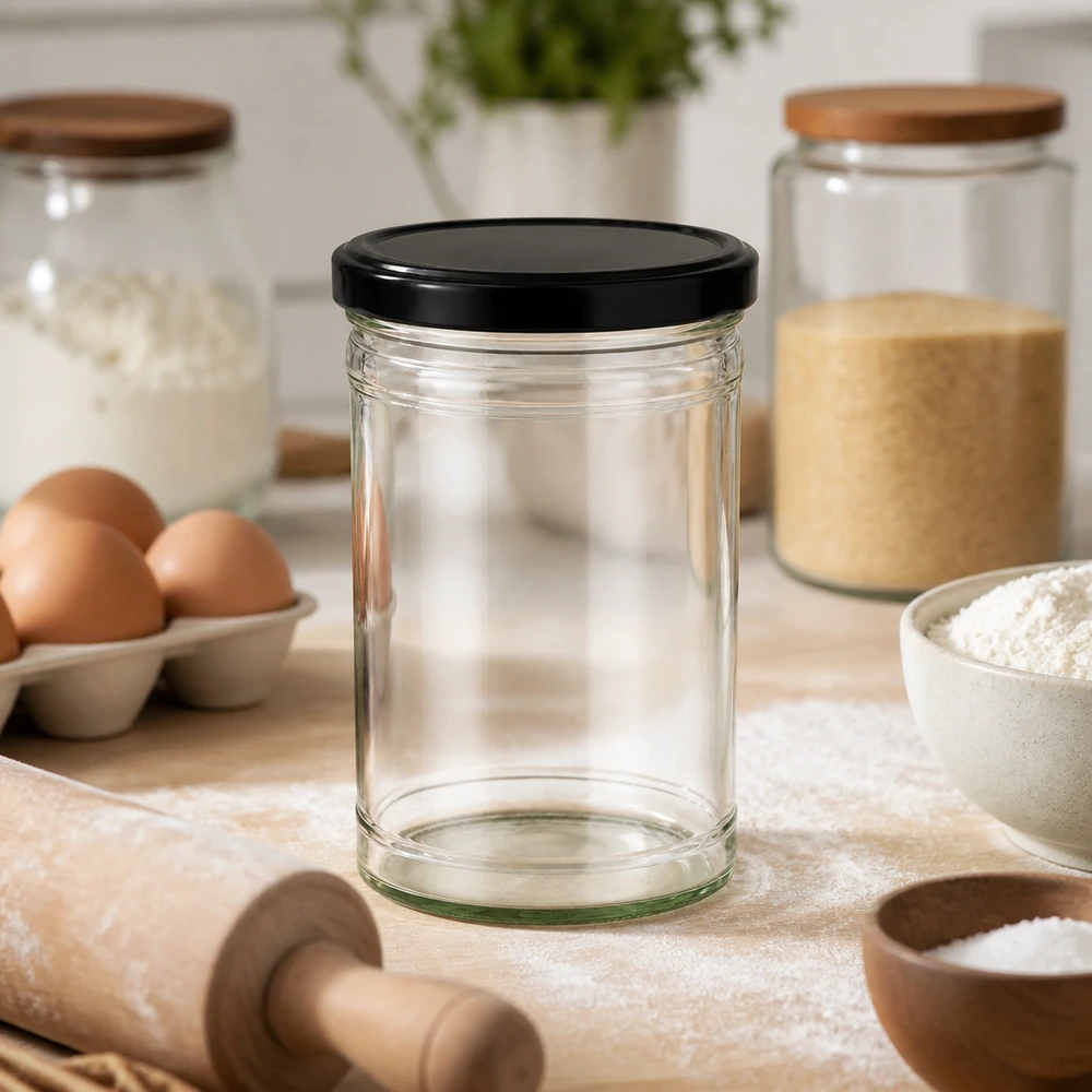Vasos vacíos 1053ml con tapa negra en cocina con huevos harina rodillo para hornear y cocinar
