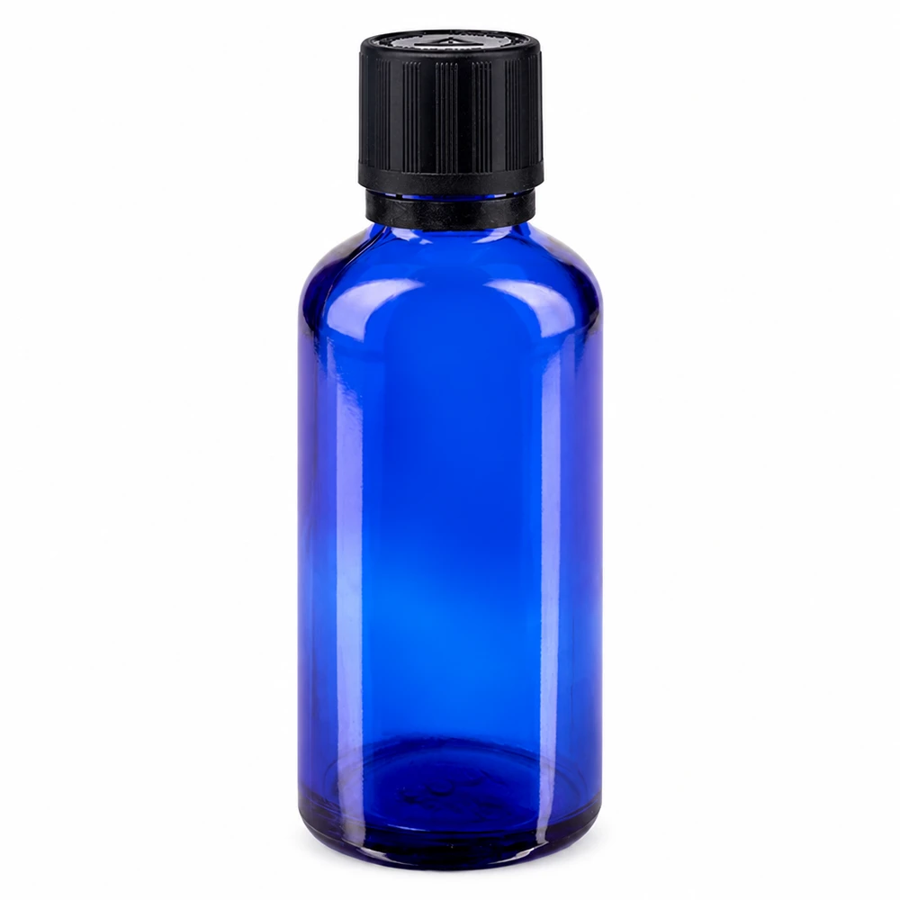 Frasco de farmacia azul de 50 ml con tapón de seguridad para niños negro que garantiza la autenticidad del producto y un gotero de 1 mm