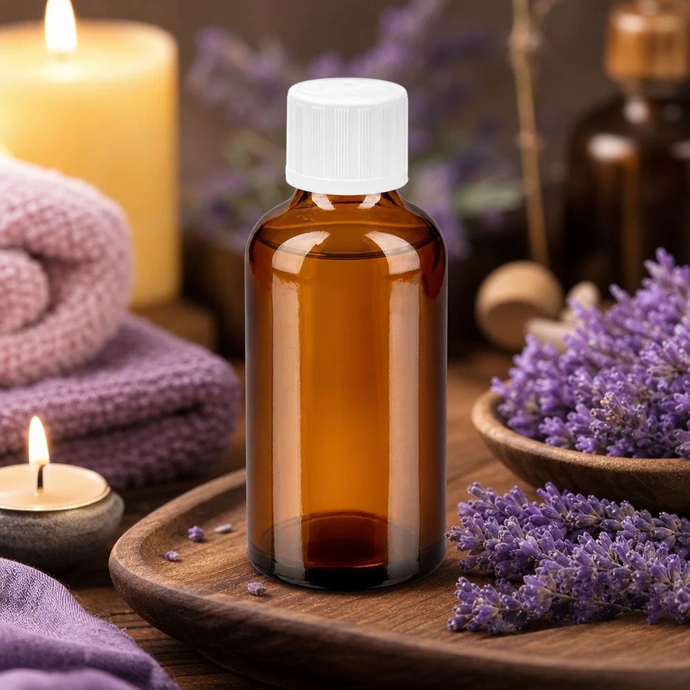 Pequeño frasco de vidrio ámbar de 50 ml con abertura de 11 mm ideal para aromaterapia y bienestar