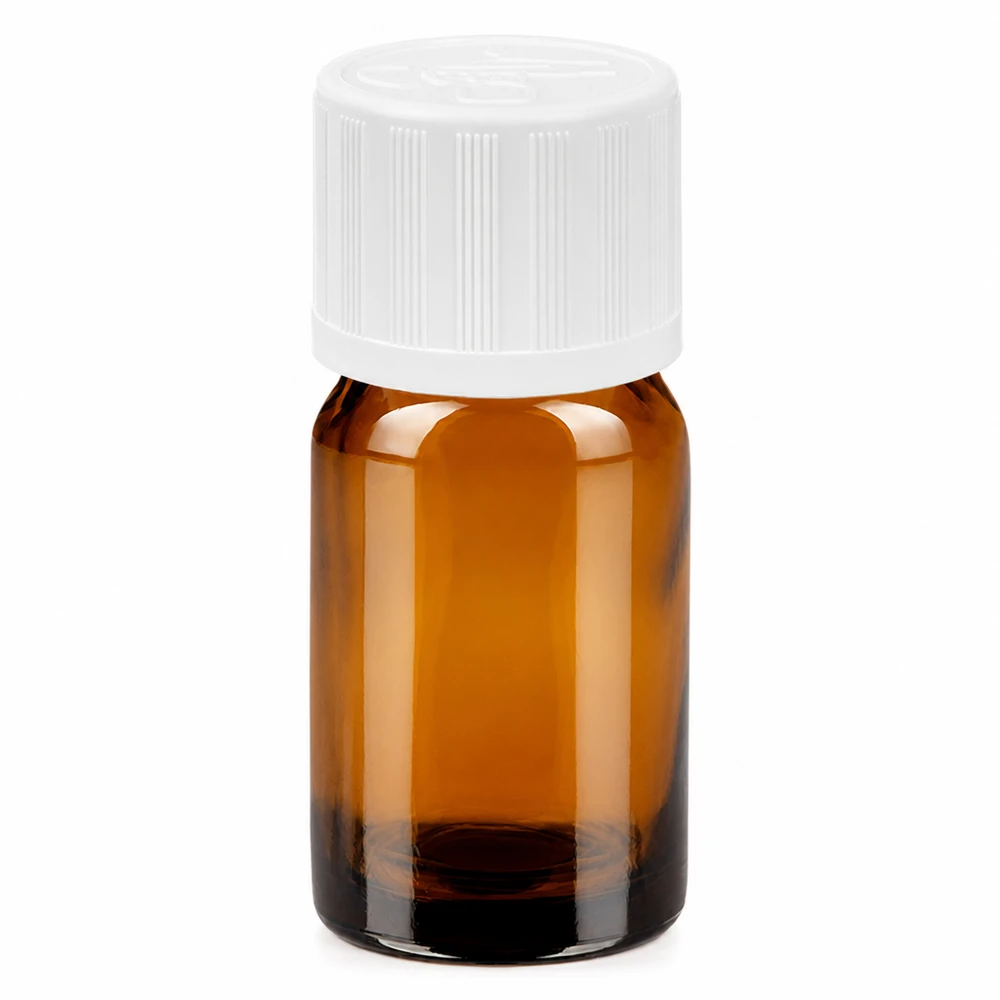 Frasco de vidrio marrón de 5 ml con tapón de rosca blanco para aceites esenciales y medicamentos
