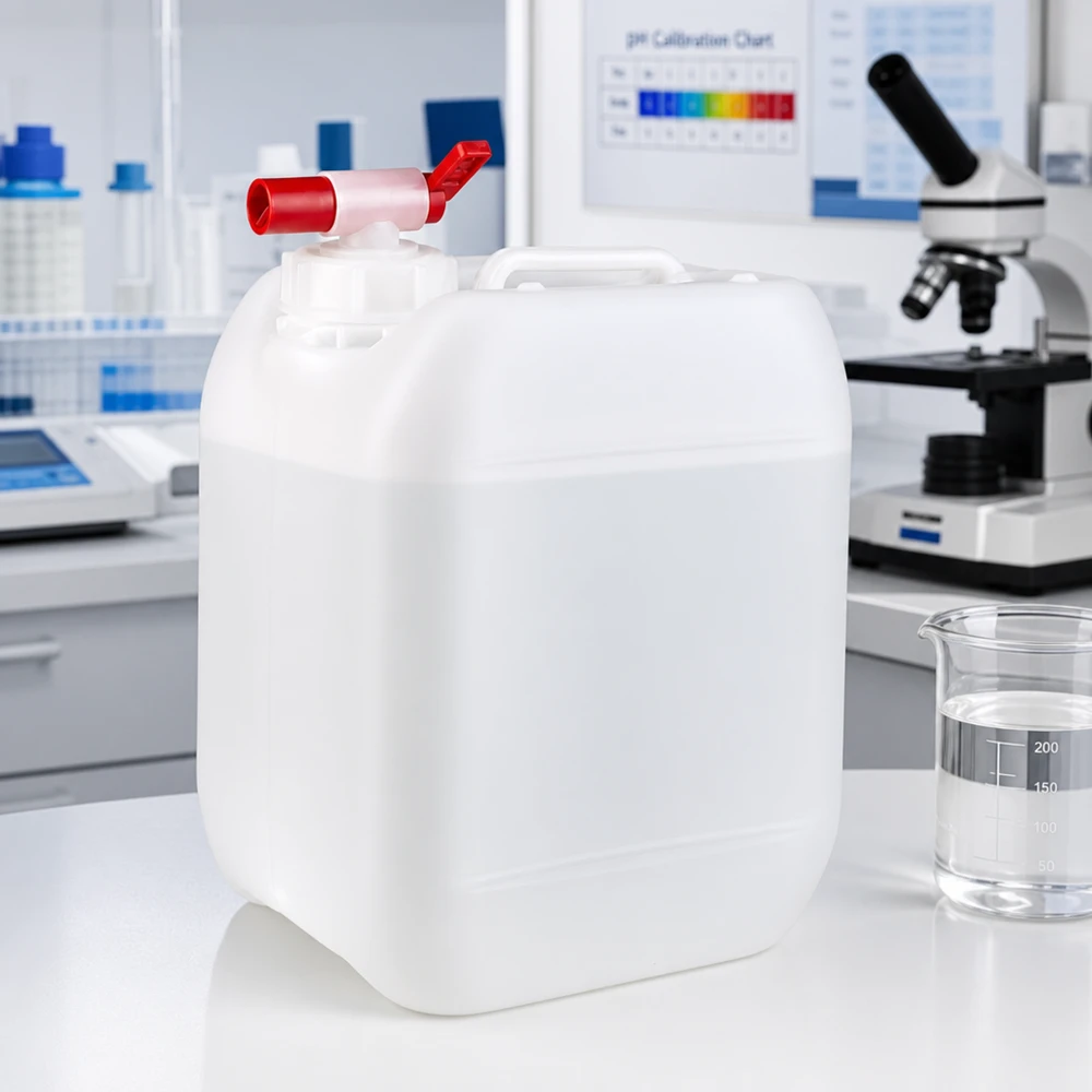 Bidón de plástico transparente de 5 litros con un práctico grifo para dosificar líquidos con precisión en el laboratorio