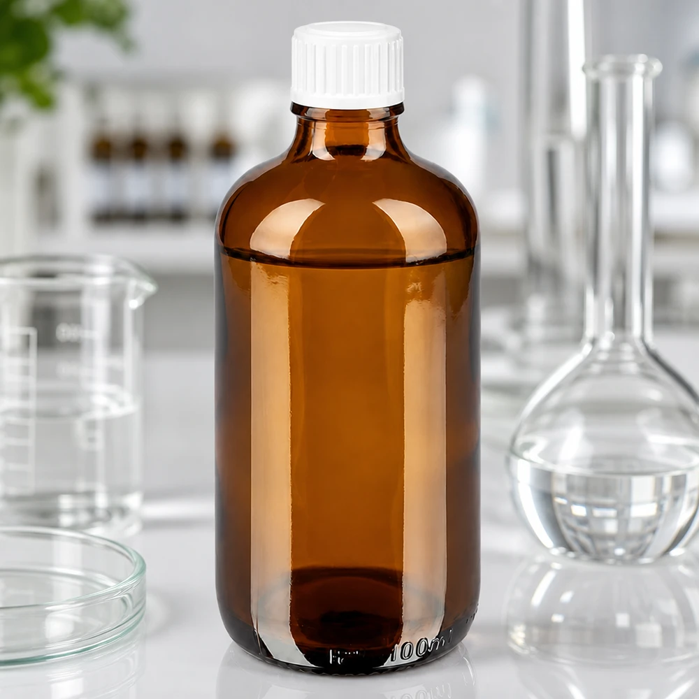 Botella de farmacia marrón 100ml tapón rosca blanco estándar Fotografía de laboratorio de un frasco de farmacia marrón de 100 ml, de cristal ámbar, con tapón estándar blanco