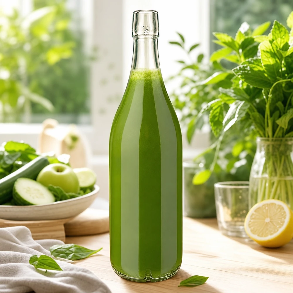 Botella de vidrio 1000ml UNiTWIST llena de batido verde verduras frescas fruta escena de cocina nutrición saludable