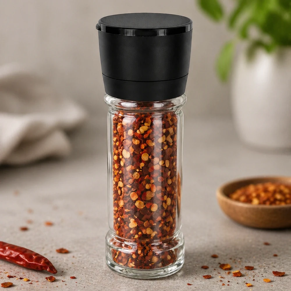 Frasco para sal y especias de 100 ml con molinillo Vario negro Frasco para especias de 100 ml con molinillo giratorio negro, lleno de copos de chile sobre un fondo gris