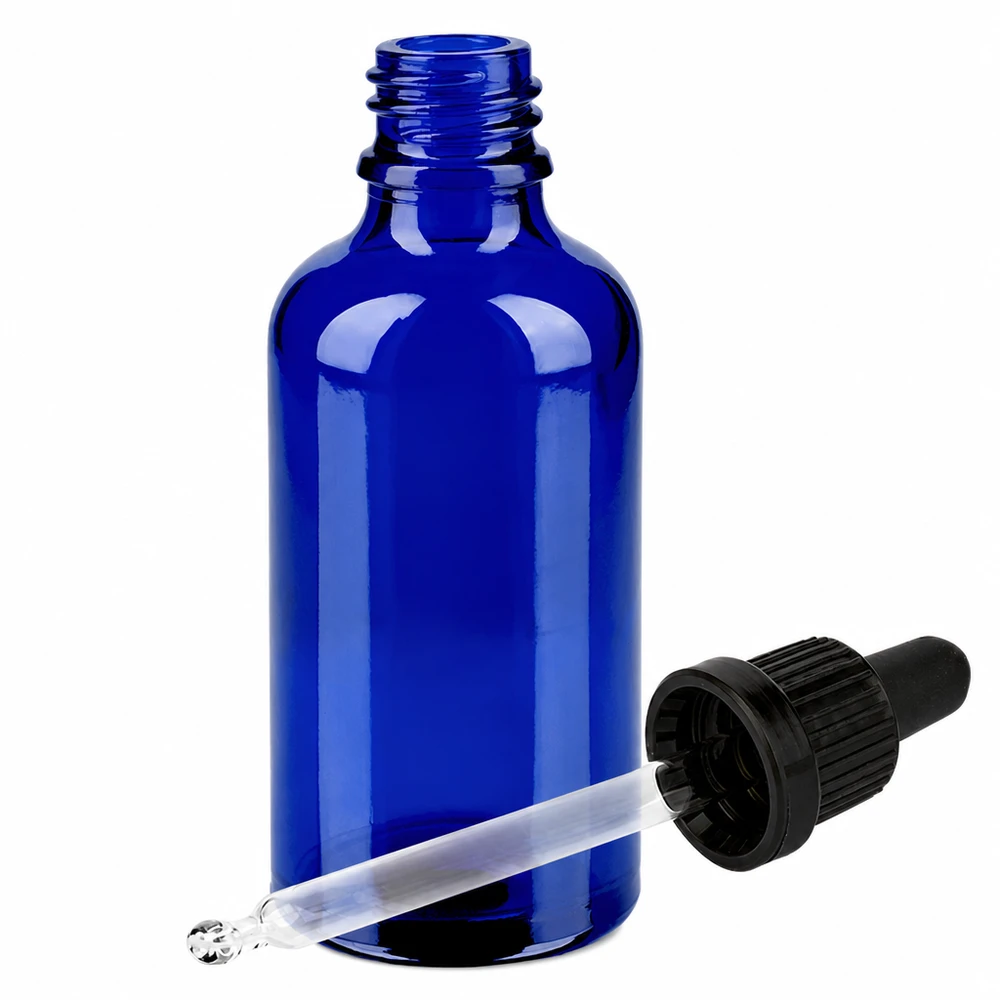 Frasco cuentagotas de 50 ml de vidrio azul de alta calidad con pipeta de precisión para una dosificación exacta