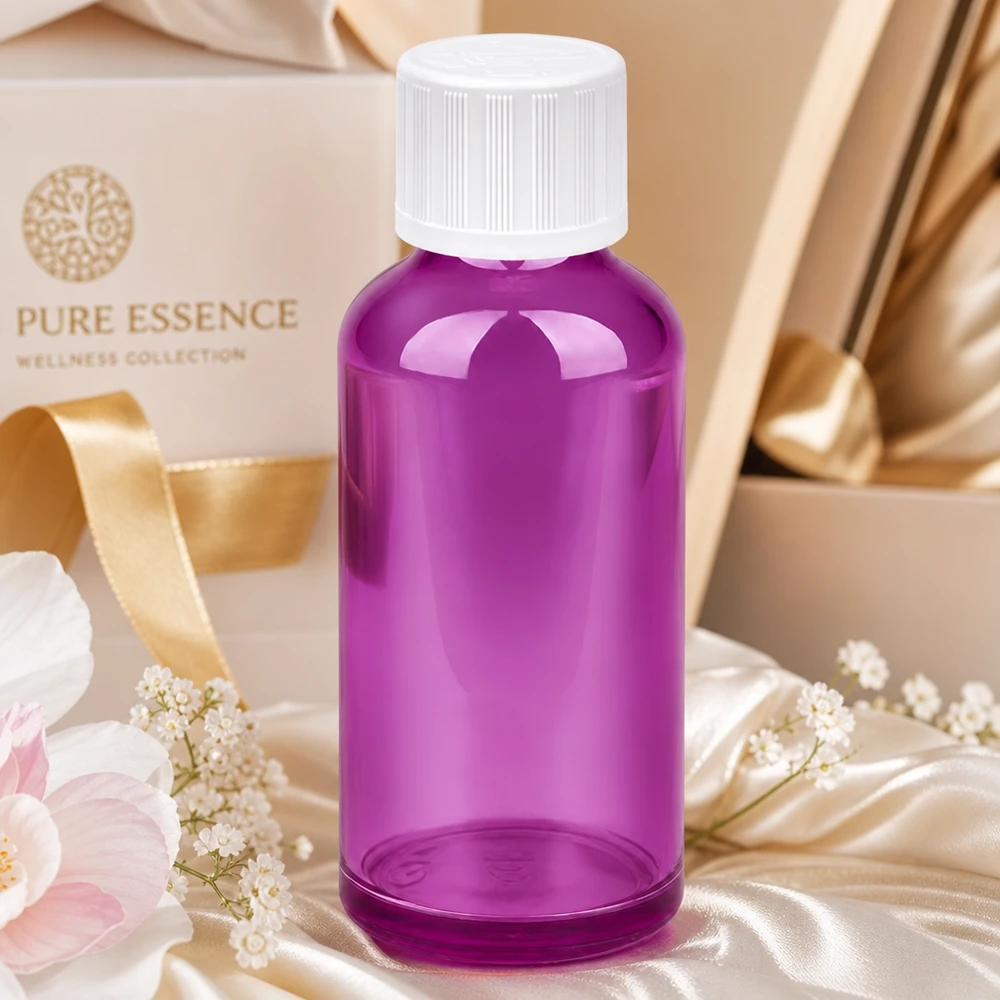 Frasco de 50 ml con tapón de rosca de 11 mm blanco a prueba de manipulaciones PurpleLine UT18/50 Elegante frasco violeta de 50 ml con tapón a prueba de niños ideal para los productos de bienestar Pure Essence