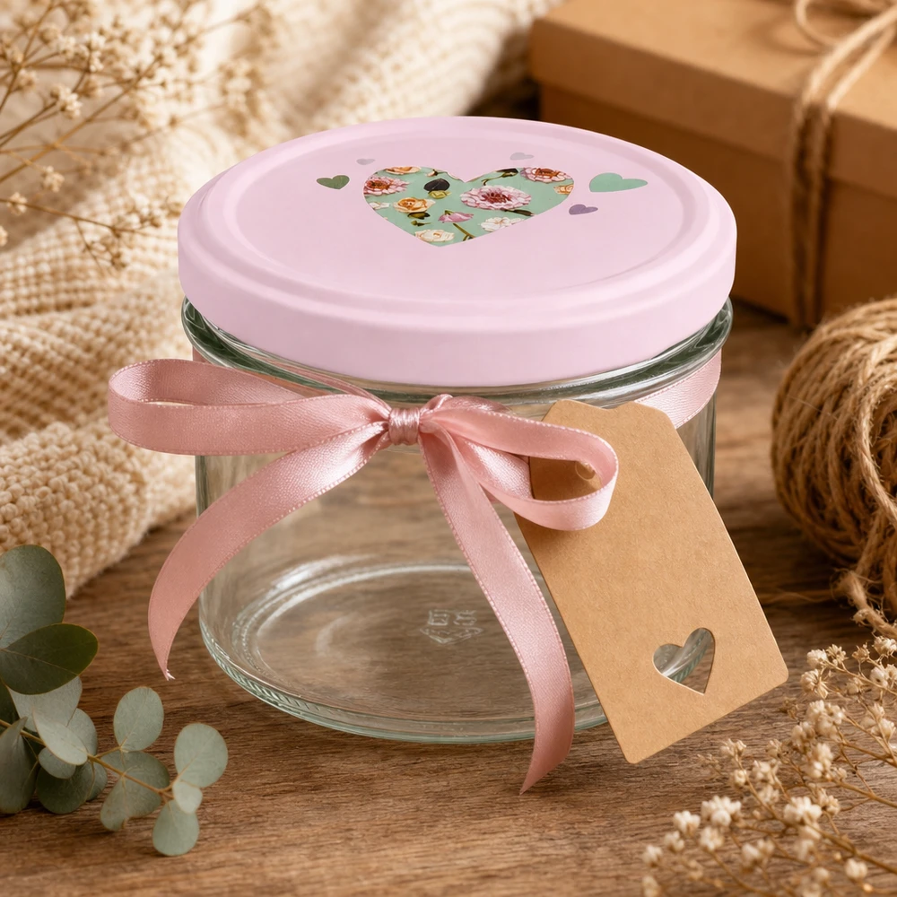 Vasos de 225 ml + tapa BasicSeal rosa corazón UNiTWIST Vasos de 225 ml con tapa rosa en forma de corazón en embalaje de regalo con lazo y colgante en decoración romántica