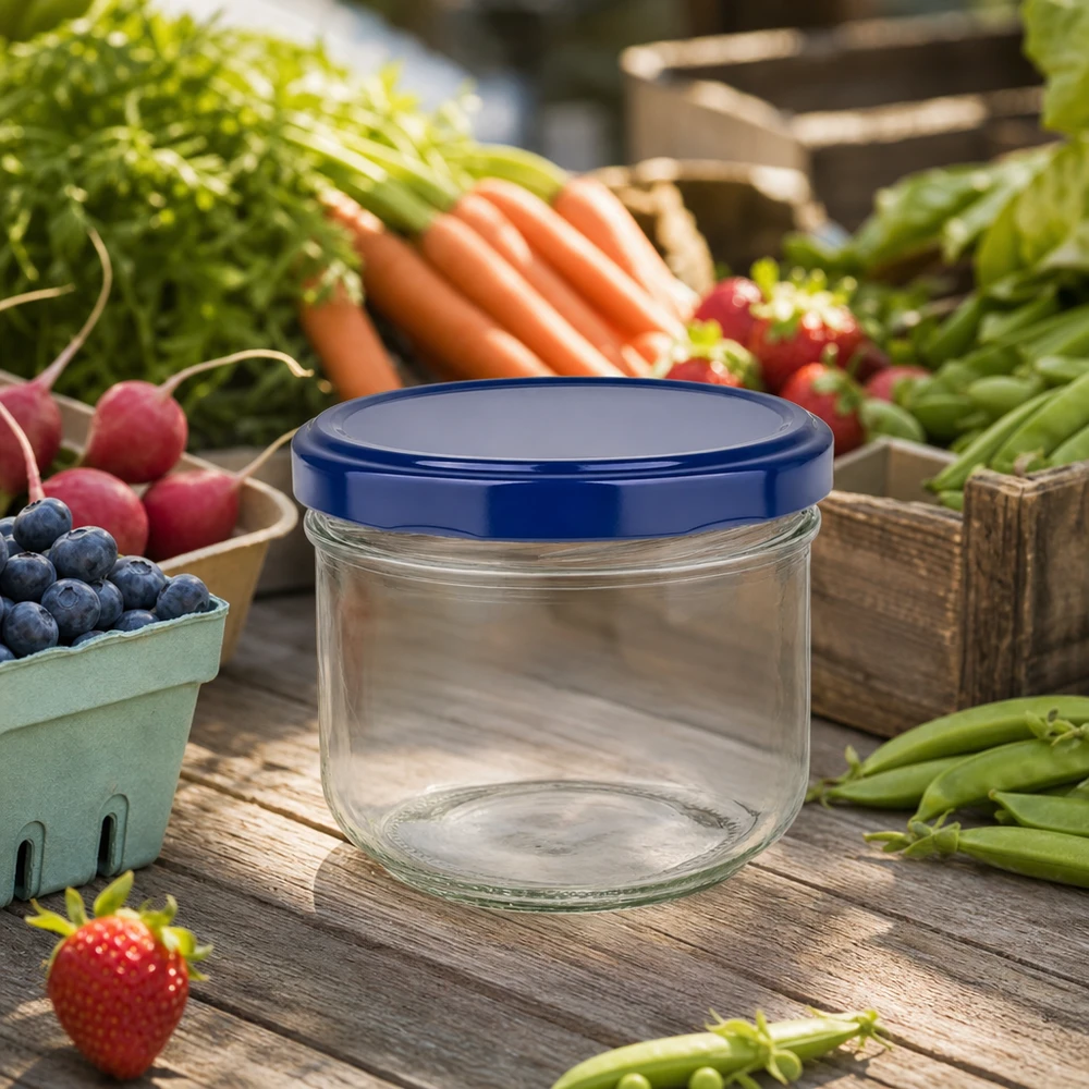 Vasos 260ml + tapa BasicSeal azul UNiTWIST 260ml Sturzglas BasicSeal blau leer auf Holztisch mit frischem Obst und Gemüse - perfekt für Marmelade und Konserven