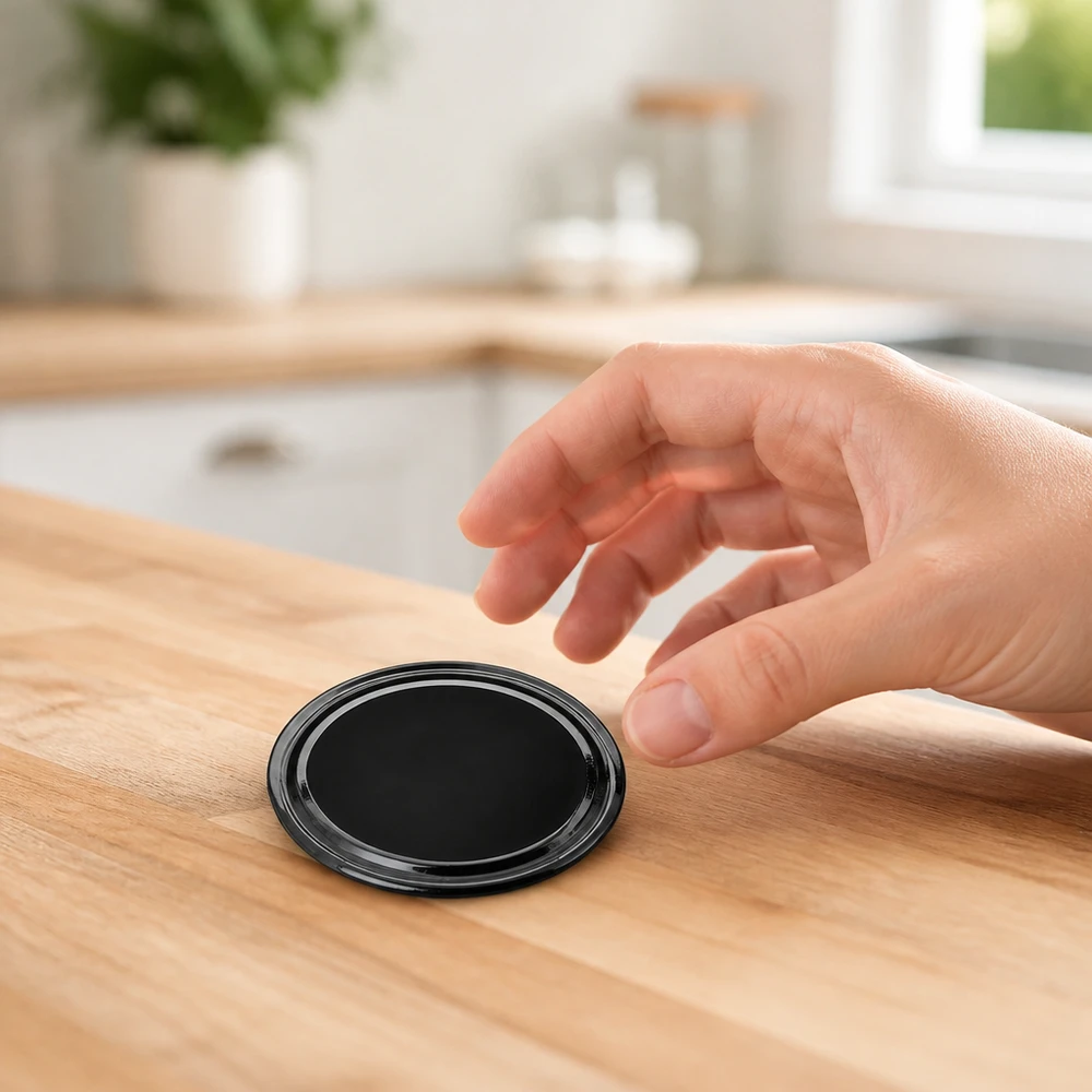 Tapa BasicSeal de 63 mm, negra (TO63) UNiTWIST Una mano coge una tapa de rosca BasicSeal negra TO63 sobre una base de madera en una cocina moderna
