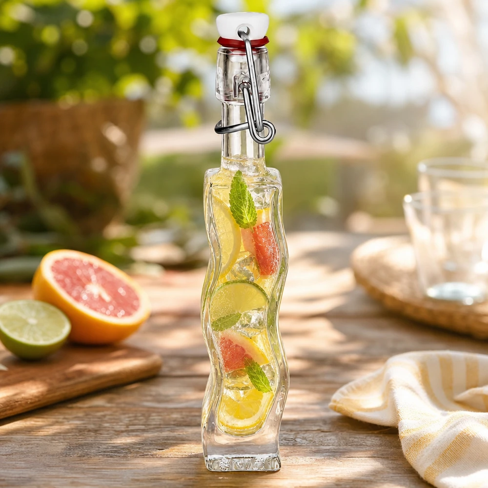 Botella de vidrio de 40 ml «Fila» con tapón de PVC UNiTWIST® Botella de cristal de 40 ml Anna llena de zumos de cítricos sobre mesa de madera con lima pomelo y menta al aire libre