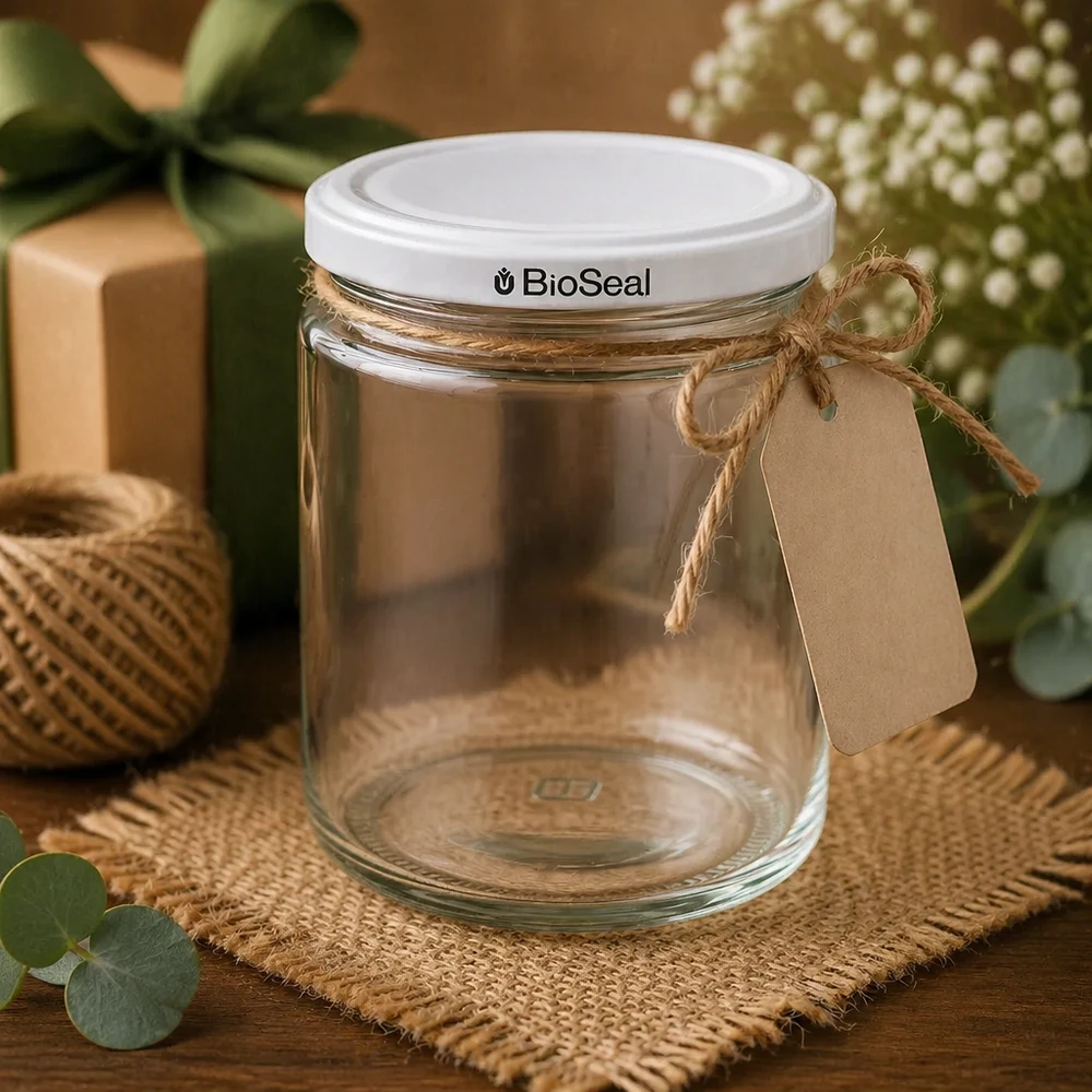 Tarro de miel de 250ml BioSeal UNiTWIST vacío decorado con lazo de yute etiqueta de papel kraft estilo regalo rústico