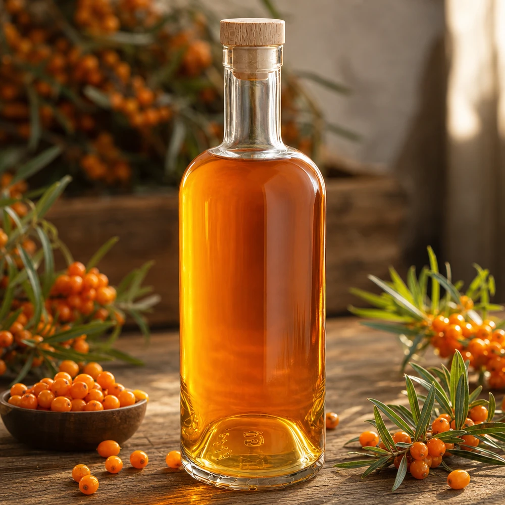 Botella de cristal de 750 ml Emma con tapón de madera llena de aceite de espino amarillo naranja rodeado de bayas de espino amarillo y ramitas