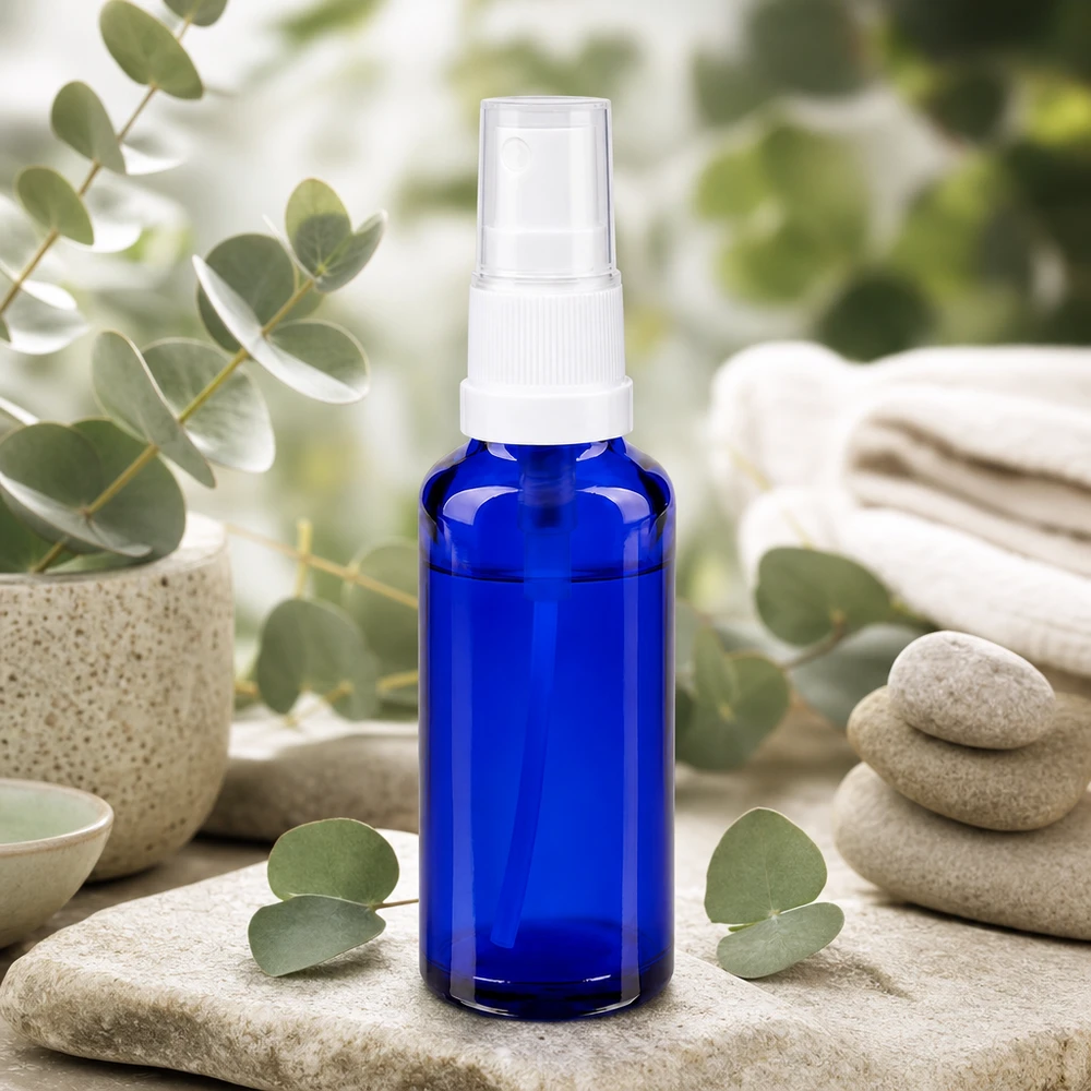 Botella de farmacia azul 30ml pulverizador blanco Frasco de farmacia azul de 30 ml con pulverizador, con un cabezal blanco entre hojas de eucalipto y piedras zen