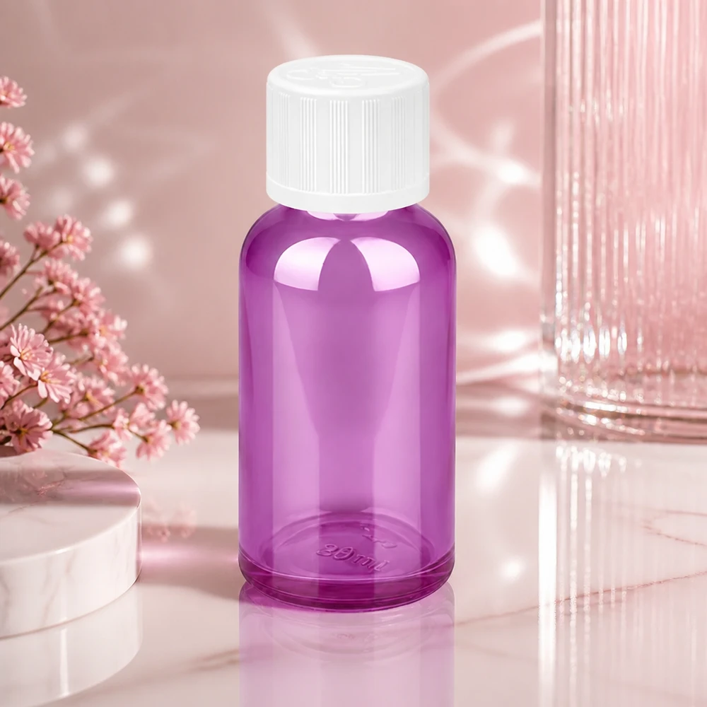 Botella de 30ml con tapón de rosca blanco de 11mm a prueba de niños PurpleLine UT18/30 Frasco de vidrio compacto de 30 ml en violeta brillante con tapón de rosca blanco para aplicaciones móviles