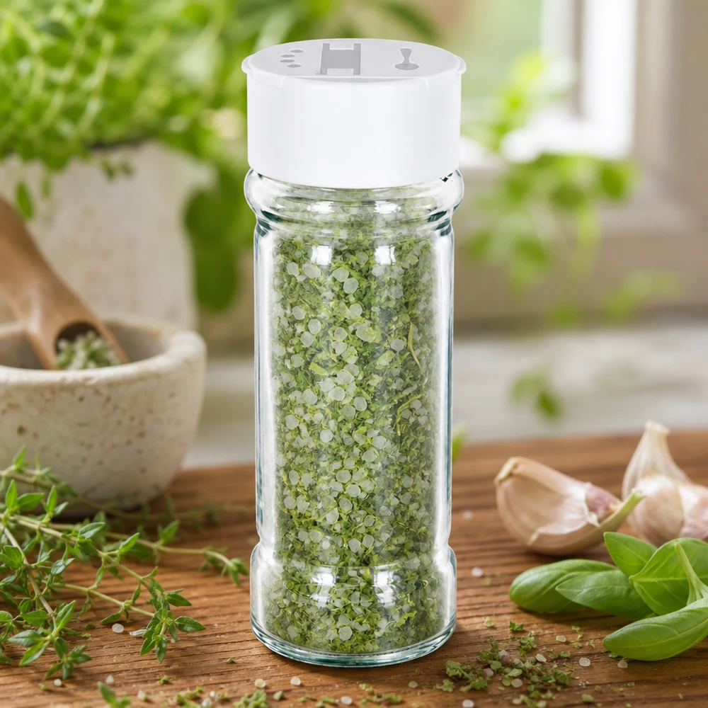 Frasco para sal y especias de 100 ml con dosificador doble, color blanco Frasco para especias de 100 ml con dos dosificadores blancos, lleno de sal con hierbas y rodeado de hierbas frescas